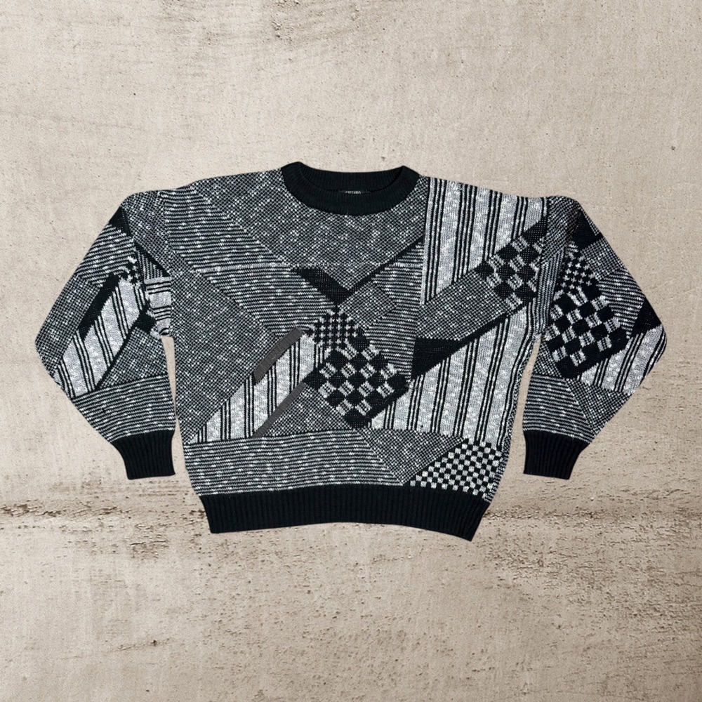 Vtg Stefano Knit Sweater Men's Large Black White Grandpa Core Coogi Style 90s‎